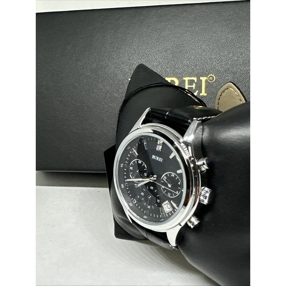 Burei S-17005M Men's Black Leather Strap Analog Dial Quartz Wrist Watch XOB29
